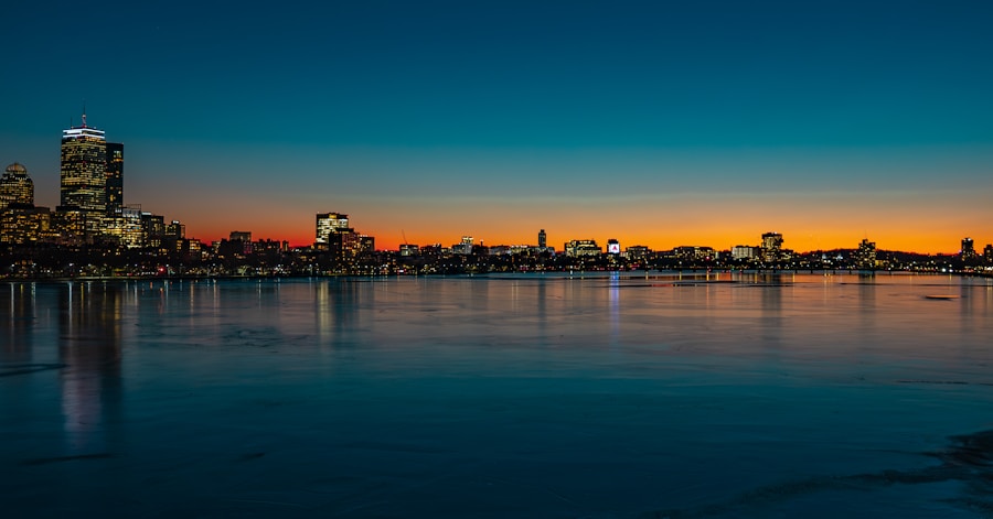 Boston Back Bay skyline at dusk over the Charles River