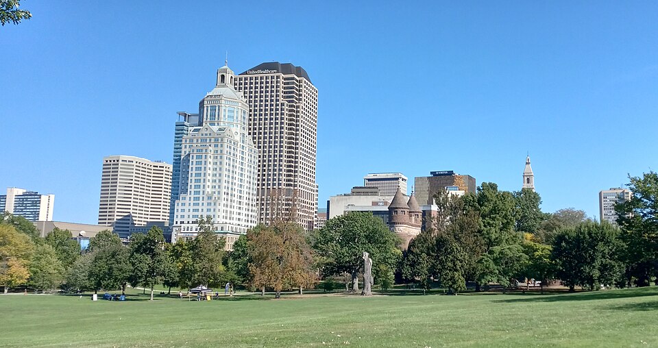 Hartford Connecticut skyline seen from Bushnell Park